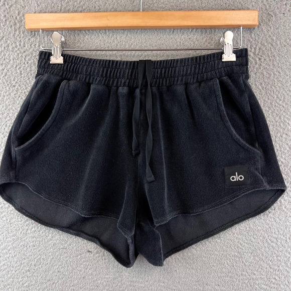 ALO Yoga Black Terry Cloth Shorts Women's Medium Lounge Drawstring Pockets M - Picture 1 of 9